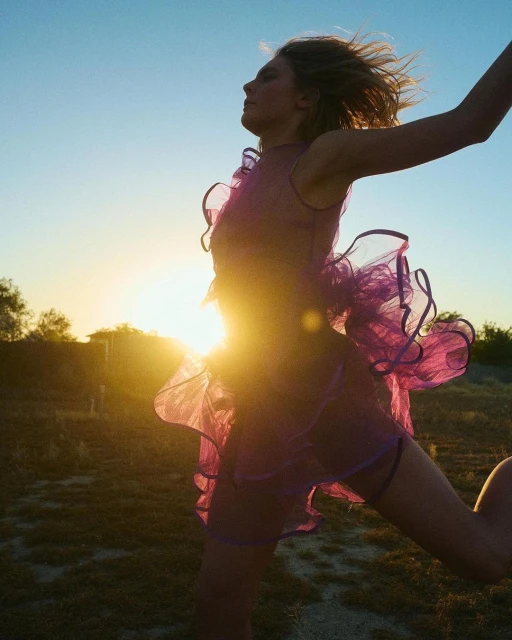 Woman in a purple dress runs outdoors at sunset with golden sunlight, blue sky, and rural background, creating a vibrant, energetic scene.