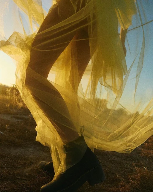 Woman wearing a light yellow sheer dress and dark boots stands in a field at golden hour with a glimpse of the sky and horizon.