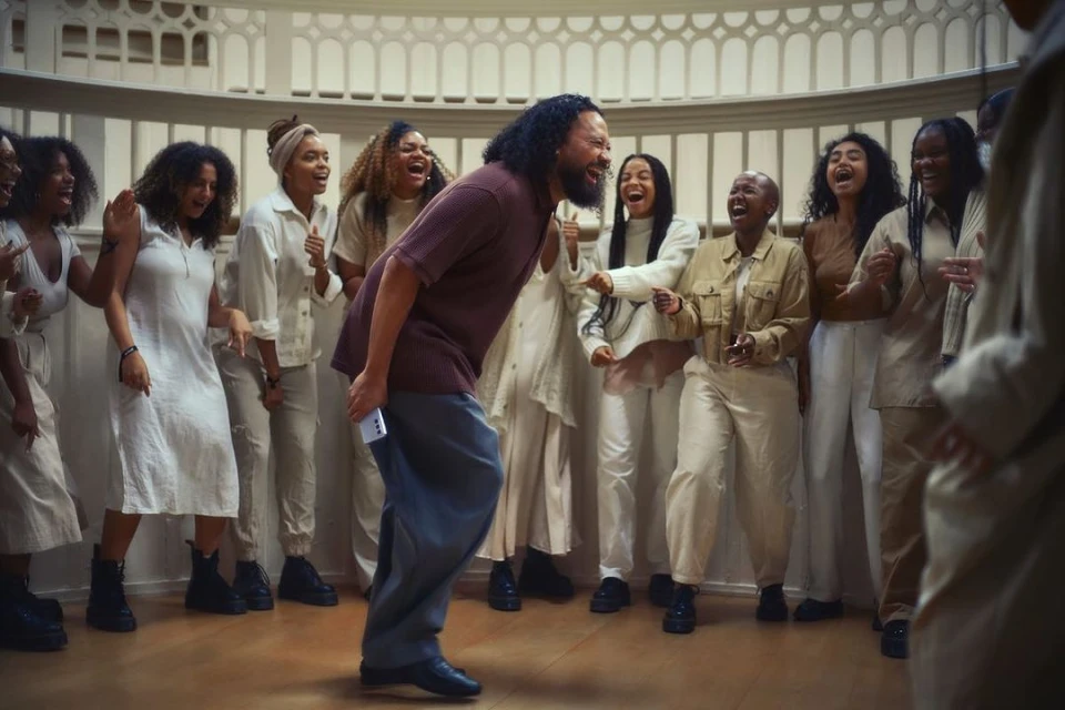 Enthusiastic man leads a group of women in song inside a building with arched windows; smiles and joyful expressions fill the scene.