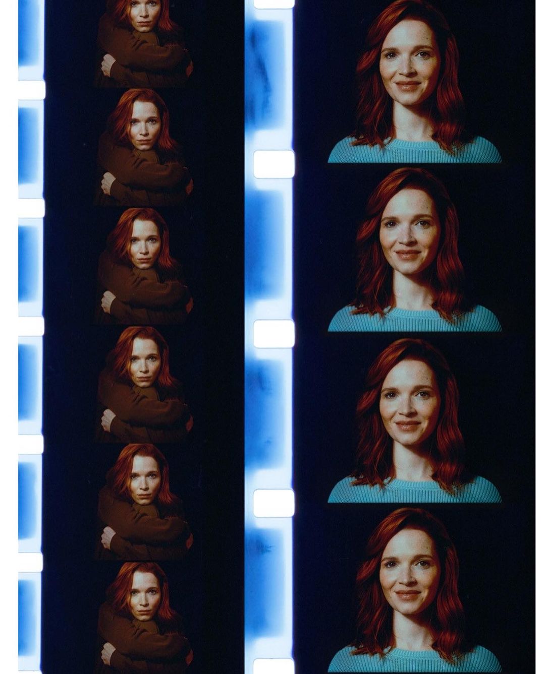 Film strip featuring red-haired woman posing in two different outfits in studio with dark backdrop and artificial lighting.