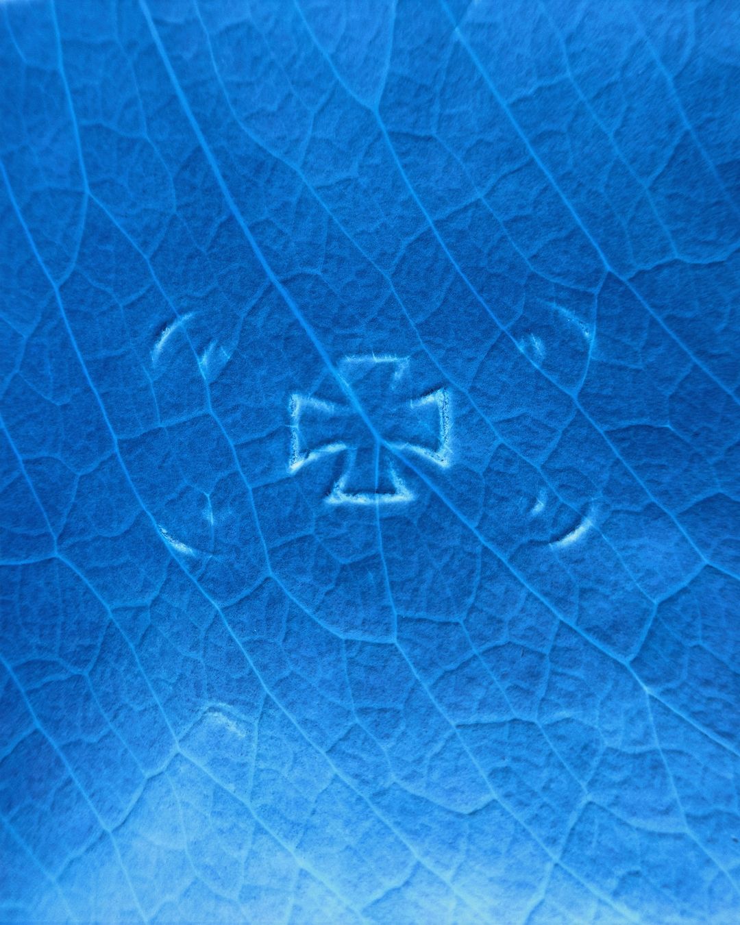Close-up texture of a blue leaf with a embossed symbol pattern, highlighting its intricate details and vibrant color.