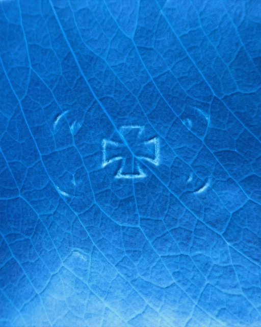 Close-up texture of a blue leaf with a embossed symbol pattern, highlighting its intricate details and vibrant color.
