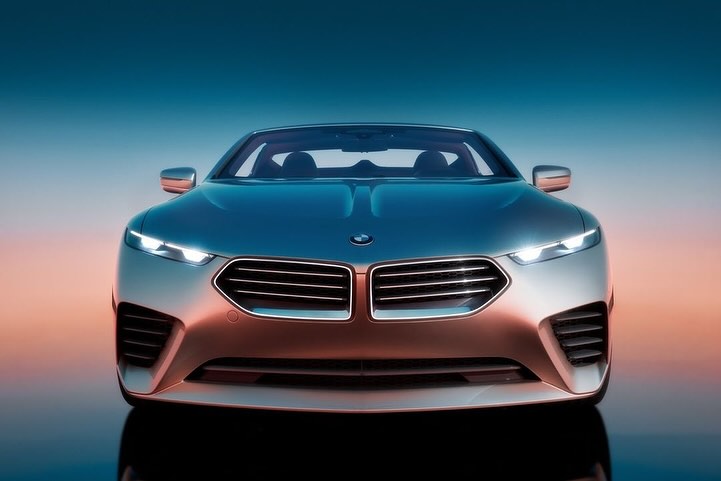 Front view of a silver BMW car with headlights on and a blue and orange gradient background, product shot, automotive photography.
