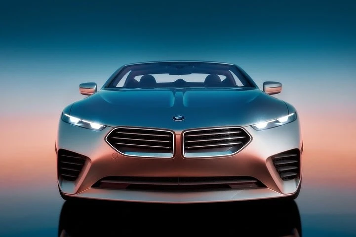 Front view of a silver BMW car with headlights on and a blue and orange gradient background, product shot, automotive photography.