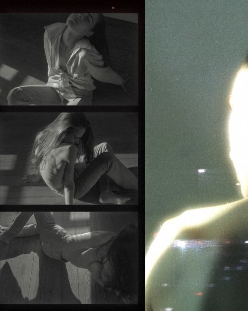 Black and white film strip collage shows woman in casual clothes with long hair posing on wooden floor in indoor setting.