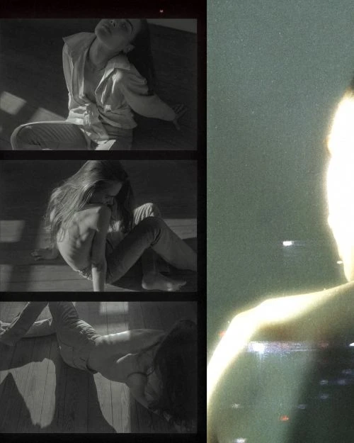 Black and white film strip collage shows woman in casual clothes with long hair posing on wooden floor in indoor setting.