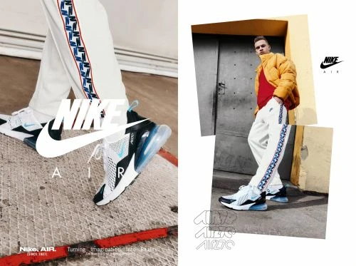 Nike Air 270 sneakers and sweatpants are featured in a stylized collage, with a posed male model against an urban wall.