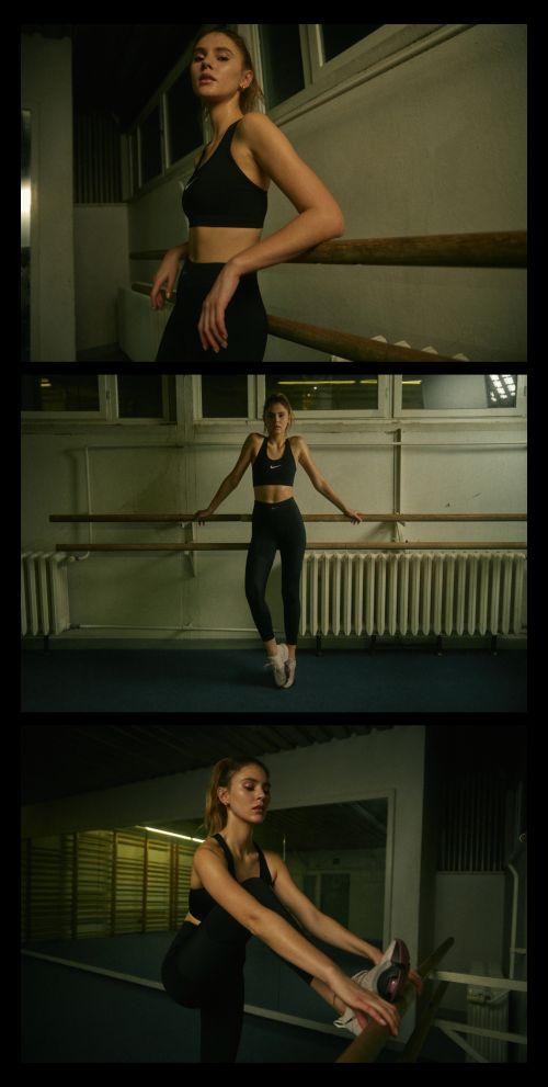 Woman in a sports bra and leggings poses in a gym, leaning against a barre in three panel image showcasing different poses and angles.