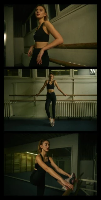 Woman in a sports bra and leggings poses in a gym, leaning against a barre in three panel image showcasing different poses and angles.