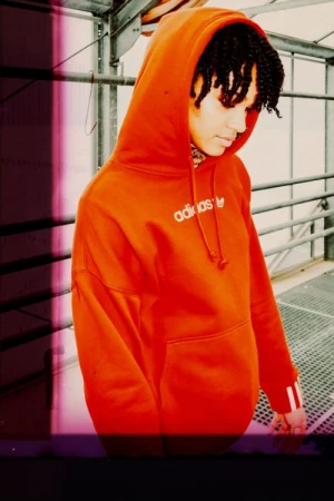 Person wearing an orange Adidas hoodie standing in a greenhouse with metal framework