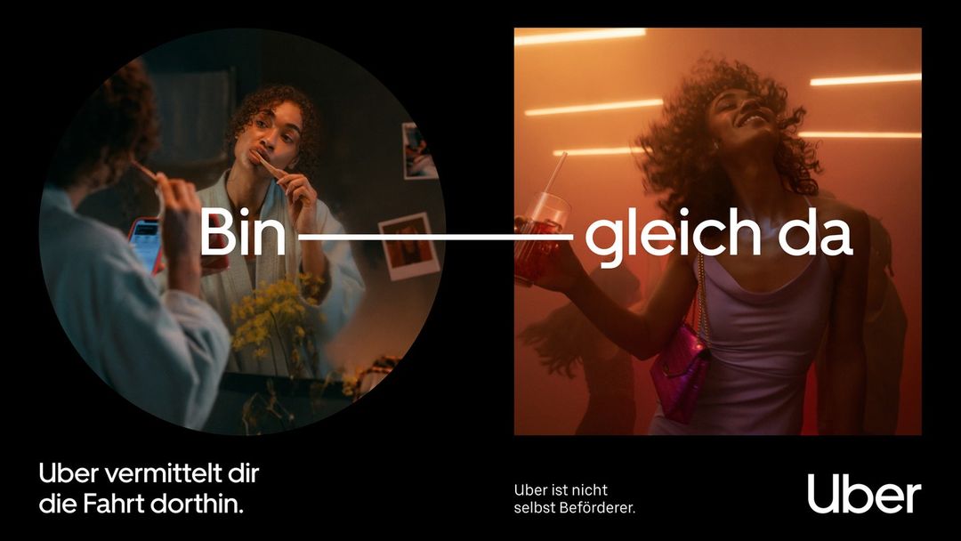 Uber ad showing an adult female in a bathroom brushing her teeth and another drinking a cocktail in a warm toned environment.