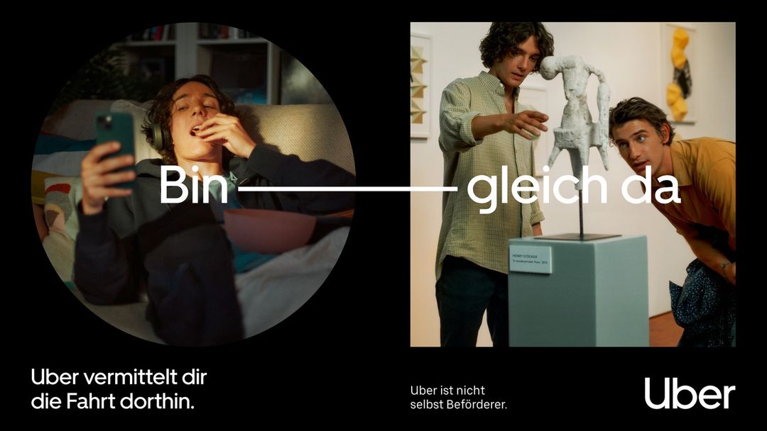 Uber ad featuring a young man lounging with a phone and headphones next to another looking at artwork in a gallery.