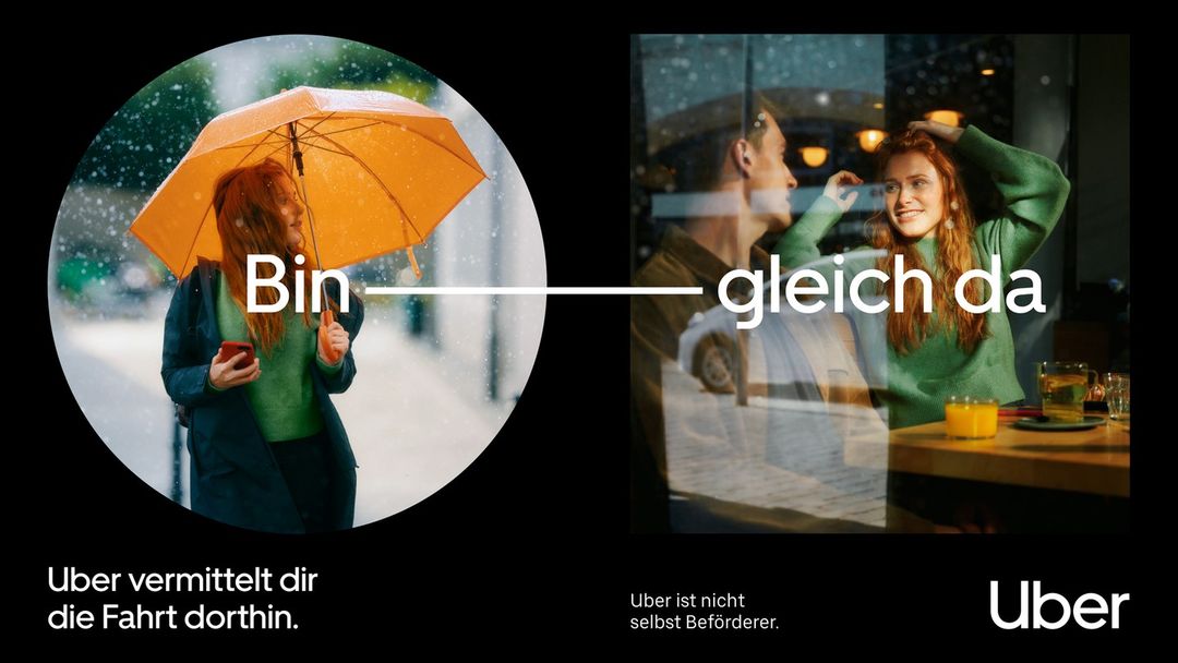 Split image shows a woman with an umbrella in the rain and another in a cafe. 'Bin gleich da' text links the two scenes.