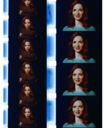 Contact sheet of medium format film strips showing sequential frames of a red-haired woman posing against dark background