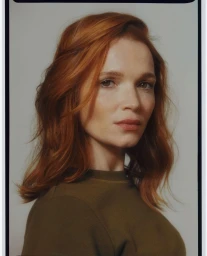 Portrait of a woman with red hair wearing an olive green crewneck top against a plain studio background.