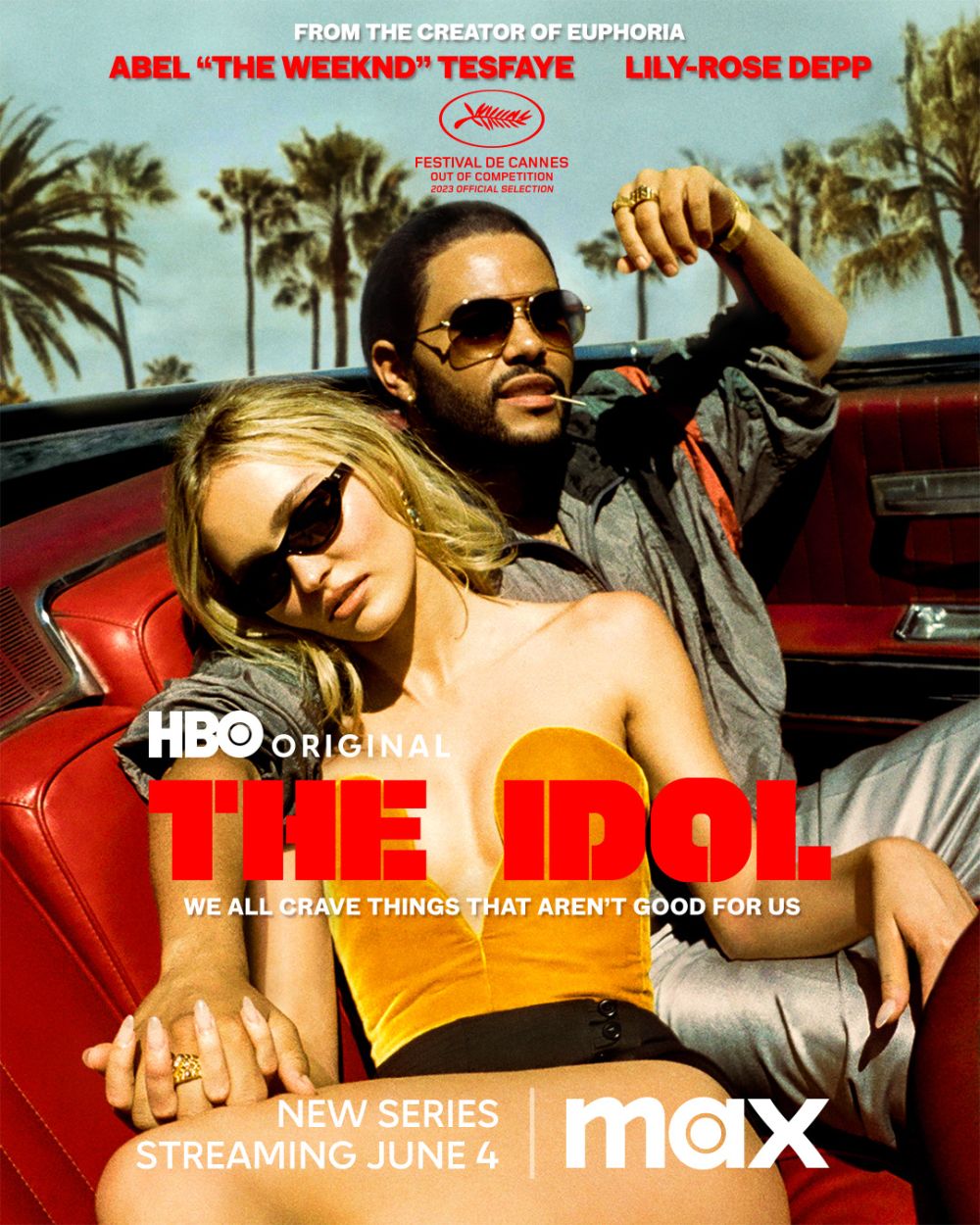 Movie poster featuring The Weeknd and Lily-Rose Depp in HBO's 'The Idol.' They are in a convertible with palm trees and text overlays.