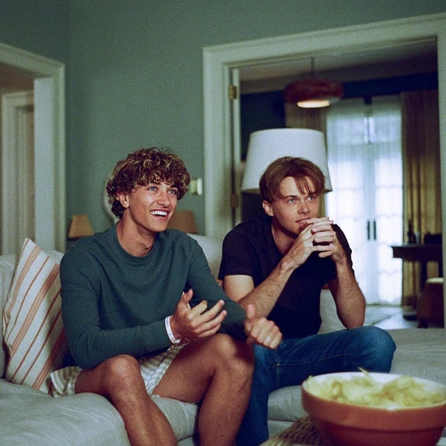 Two young men relax on a sofa in a brightly lit living room. One wears a green sweater, the other a dark shirt, engaging with each other.