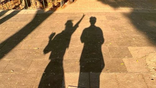 Shadows of two people on a sunlit paved surface. One shadow has an arm raised. The scene is cast in warm golden light.