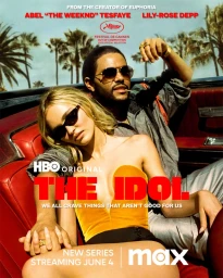 Abel The Weeknd Tesfaye and Lily-Rose Depp seated in a vintage red convertible against a backdrop of palm trees