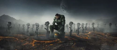Man in military fatigues kneeling in a desolate, otherworldly landscape amongst helmeted markers with large planet in the sky.