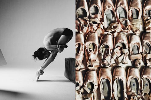Black and white image features female ballet dancer posed on pointe, contrasted with a close-up of many pink pointe shoes.