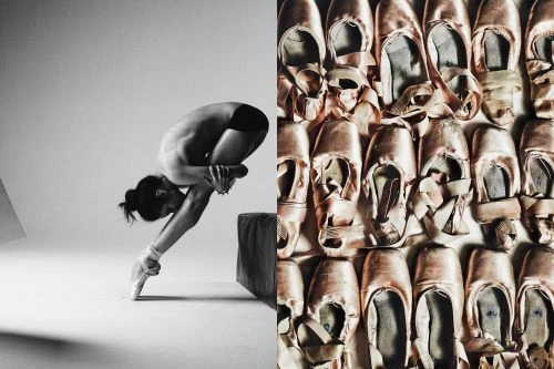 Black and white image features female ballet dancer posed on pointe, contrasted with a close-up of many pink pointe shoes.