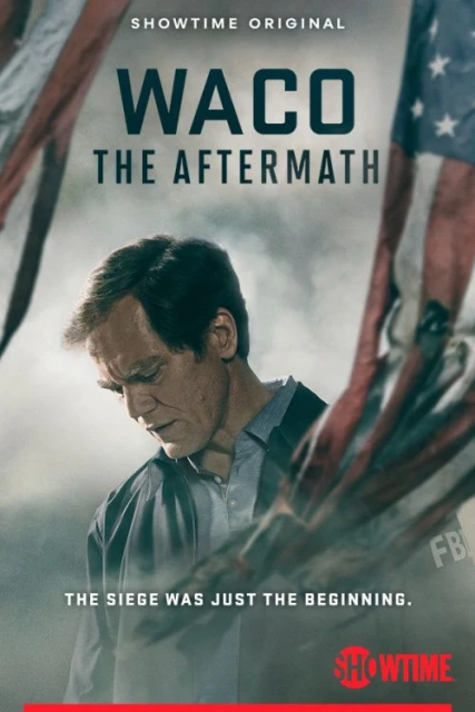 Movie poster for Waco: The Aftermath features a man in prison attire, American flag, and the title in a dramatic composition.