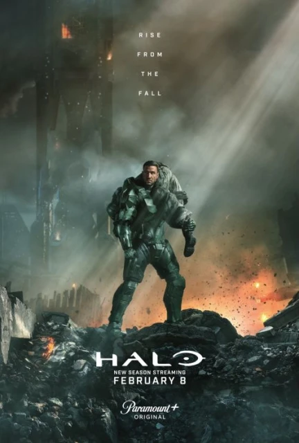 Halo TV series poster features a male actor carrying another person on his back in a war-torn setting, promoting the new season streaming.