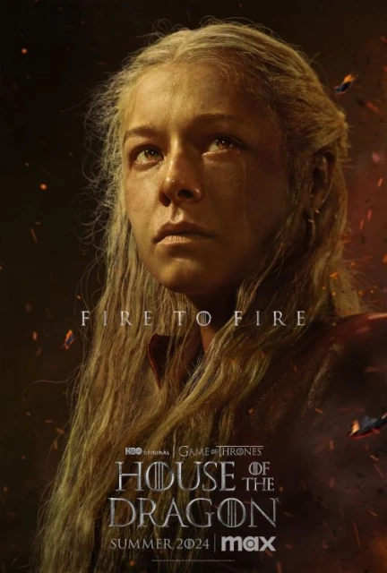Poster for 'House of the Dragon' featuring a medium shot of an adult female with long blonde hair, looking up, with fiery background.