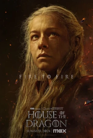 Poster for 'House of the Dragon' featuring a medium shot of an adult female with long blonde hair, looking up, with fiery background.