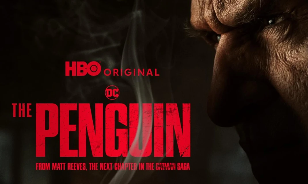 Close-up of a man's face with smoke, alongside red text that reads 'The Penguin' and text 'HBO Original'.