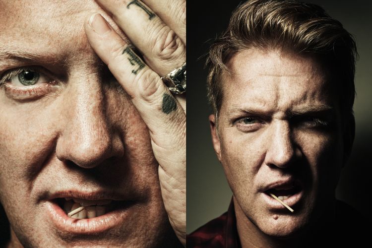 Split studio portrait of a light-skinned adult male with blonde hair, stubble, and tattoos, holding a toothpick in his mouth.