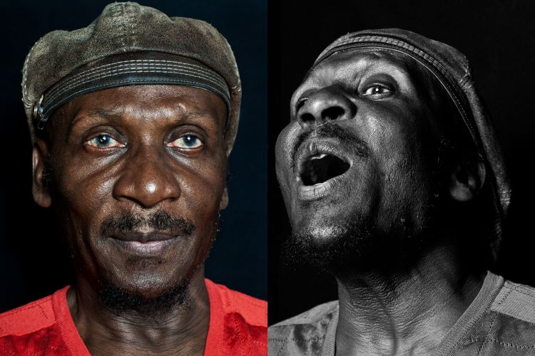 Portrait of an adult Black man with a cap, presented in a diptych format with color and monochrome versions, set against a black backdrop.