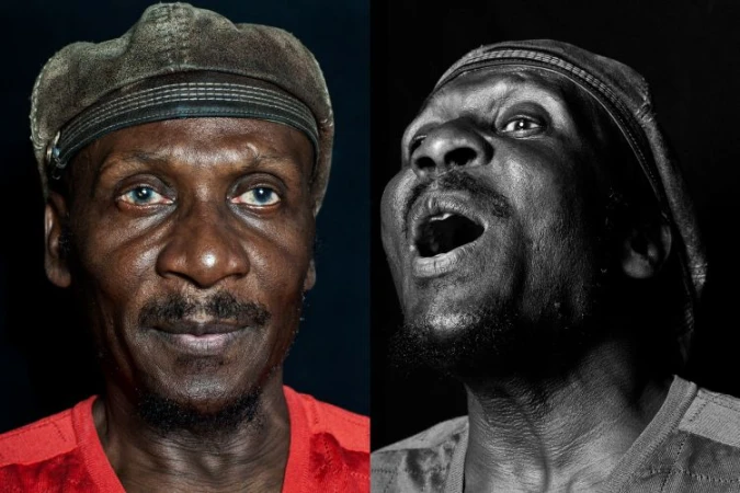 Portrait of an adult Black man with a cap, presented in a diptych format with color and monochrome versions, set against a black backdrop.