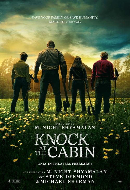 Movie poster for "Knock at the Cabin" features four people with axes standing in a field in front of a cabin. Dramatic sky background.