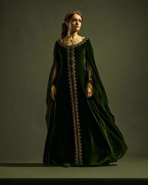 Woman stands in a long, dark green medieval-style gown with gold trim and a jeweled headband, posing in a studio against a solid background.