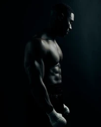 Portrait of a shirtless muscular Black man in profile wearing hand wraps, shot in low key lighting by James Minchin