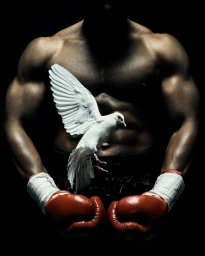 Muscular man wearing red boxing gloves with a white dove taking flight from his chest against a dark background