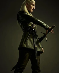 Portrait of a man with long blonde hair and an eyepatch wearing a green leather tunic holding a sword by James Minchin
