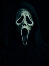 Close-up portrait of a person wearing a weathered Ghostface mask and dark hooded cloak against a black background.