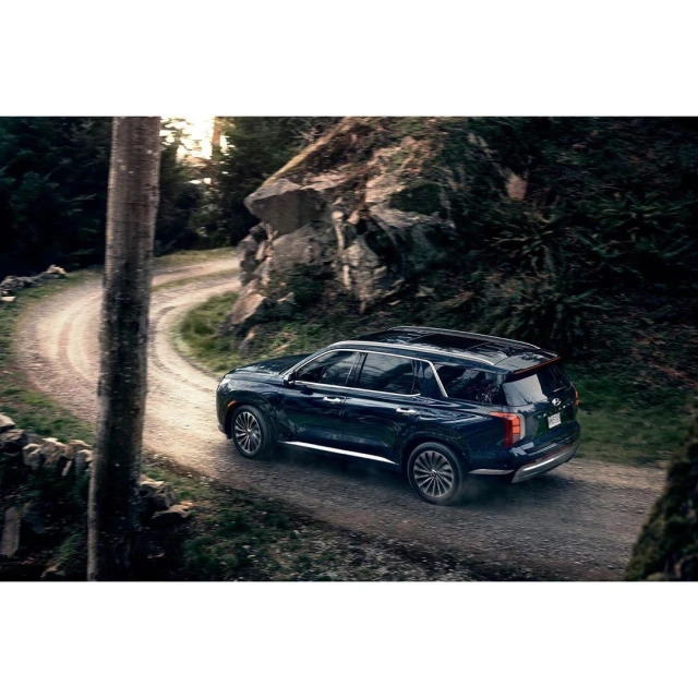 Dark blue SUV drives on a dirt path through a forest with green trees and a large rock formation. Automobile, nature, and travel.
