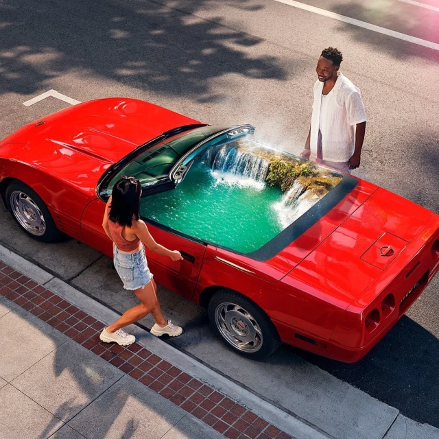 Overhead shot of a red convertible with two people, and an interior waterfall scene, parked on a city street with dappled light.
