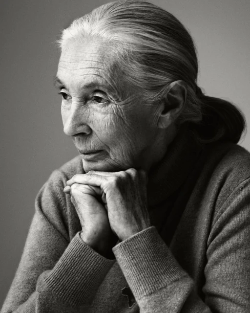 Black and white portrait of an elderly woman with grey hair, wearing a grey sweater and resting her chin on her clasped hands.