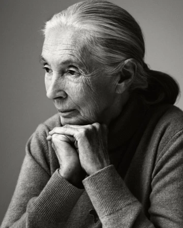 Black and white portrait of an elderly woman with grey hair, wearing a grey sweater and resting her chin on her clasped hands.