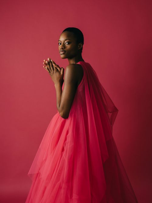 Elegant dark-skinned woman in a flowing pink gown poses gracefully in a studio, looking over her shoulder, set against a vibrant pink backdrop.