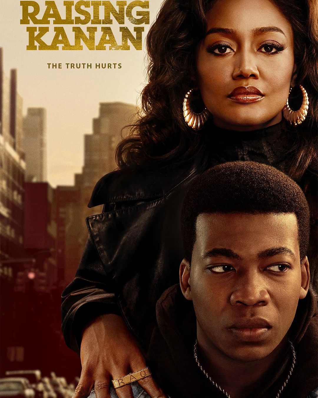 Promotional image for 'Raising Kanan' series featuring two African American actors in a city setting, with the series title overlaid.
