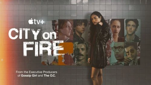 Promotional poster for "City on Fire" series with a woman in a leather jacket standing in front of portraits on a tiled wall.