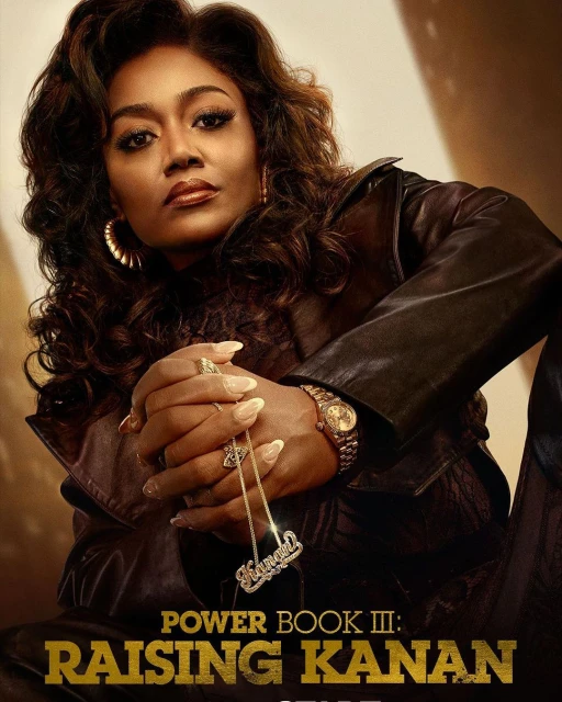 Portrait of woman wearing jewelry and a leather jacket. Promotional poster for Power Book III: Raising Kanan on Starz.