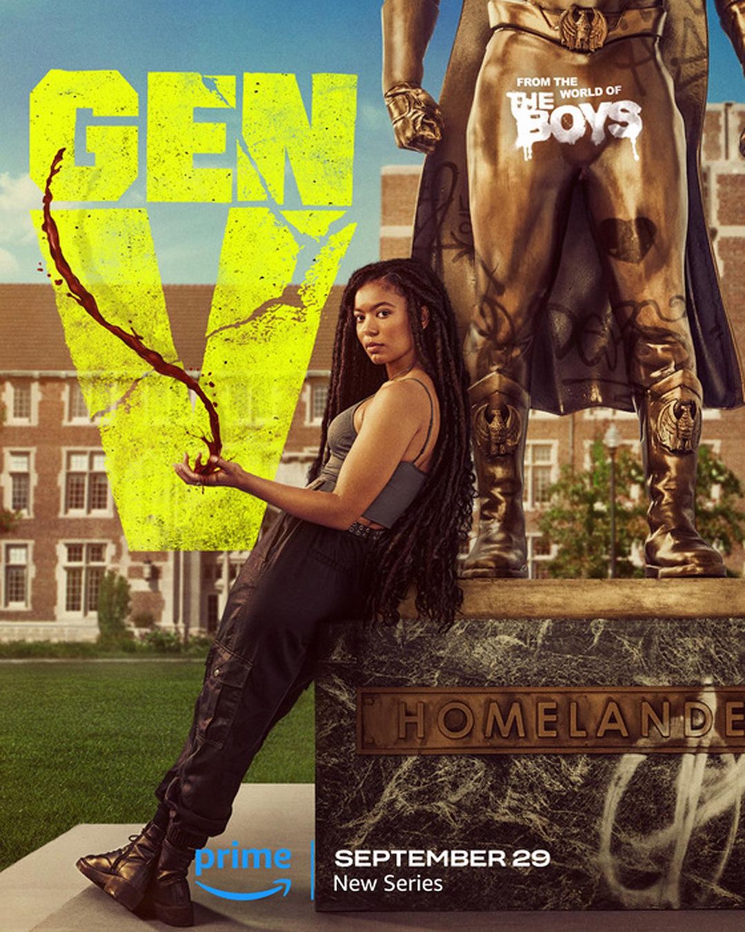Promotional poster for Gen V, featuring a Black woman leaning against a statue with GEN V in large yellow font and release date.