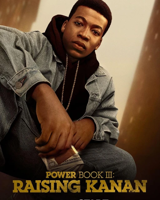 Promotional image of a Black male actor from Power Book III: Raising Kanan wearing a jean jacket, hoodie, gold chain and holding cash.